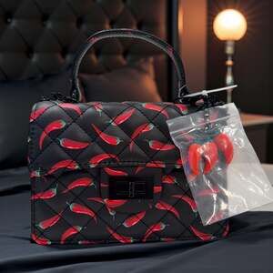 Black Quilted Chili Pepper Print Leather Crossbody Flap Bag with Chili Charm